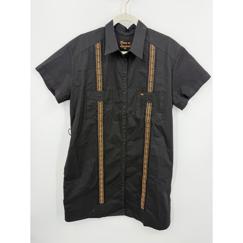 Texas Standard Tejas Guayabera Dress Women XL Black Diablo Oro Embroidered Mini